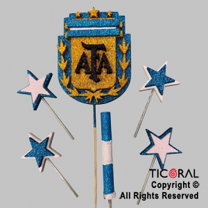 ADORNO DE TORTA SET ESCUDO ARGENTINA CON 4 ESTRELLAS Y BENGALA GIBRE x 1